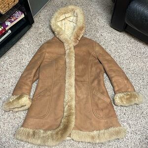 Vintage Brown Leather Jacket with Cream Fur Accents